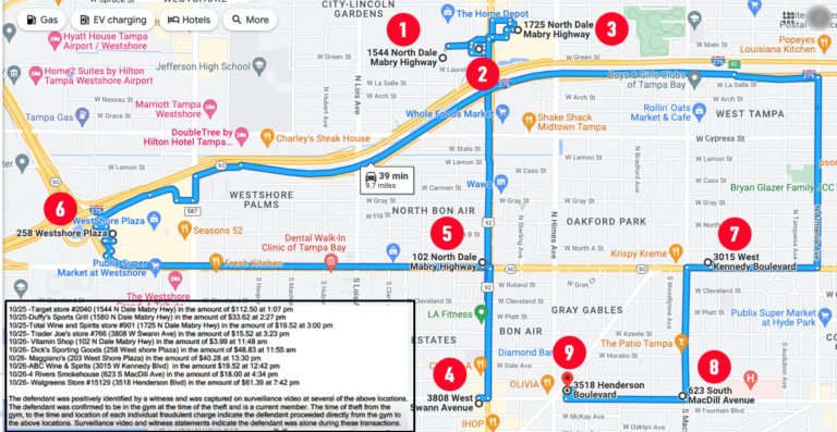 Map of numbered stops in Tampa with a written log of card purchases